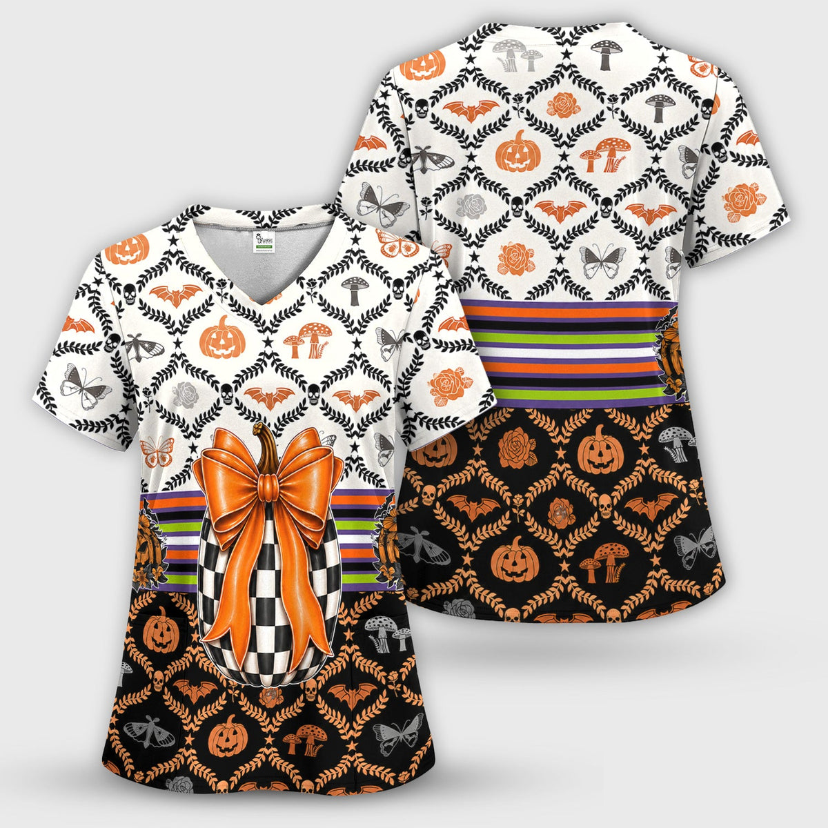 Checkered Pumpkin Bow Nurse Scrub Set - Halloween Gift