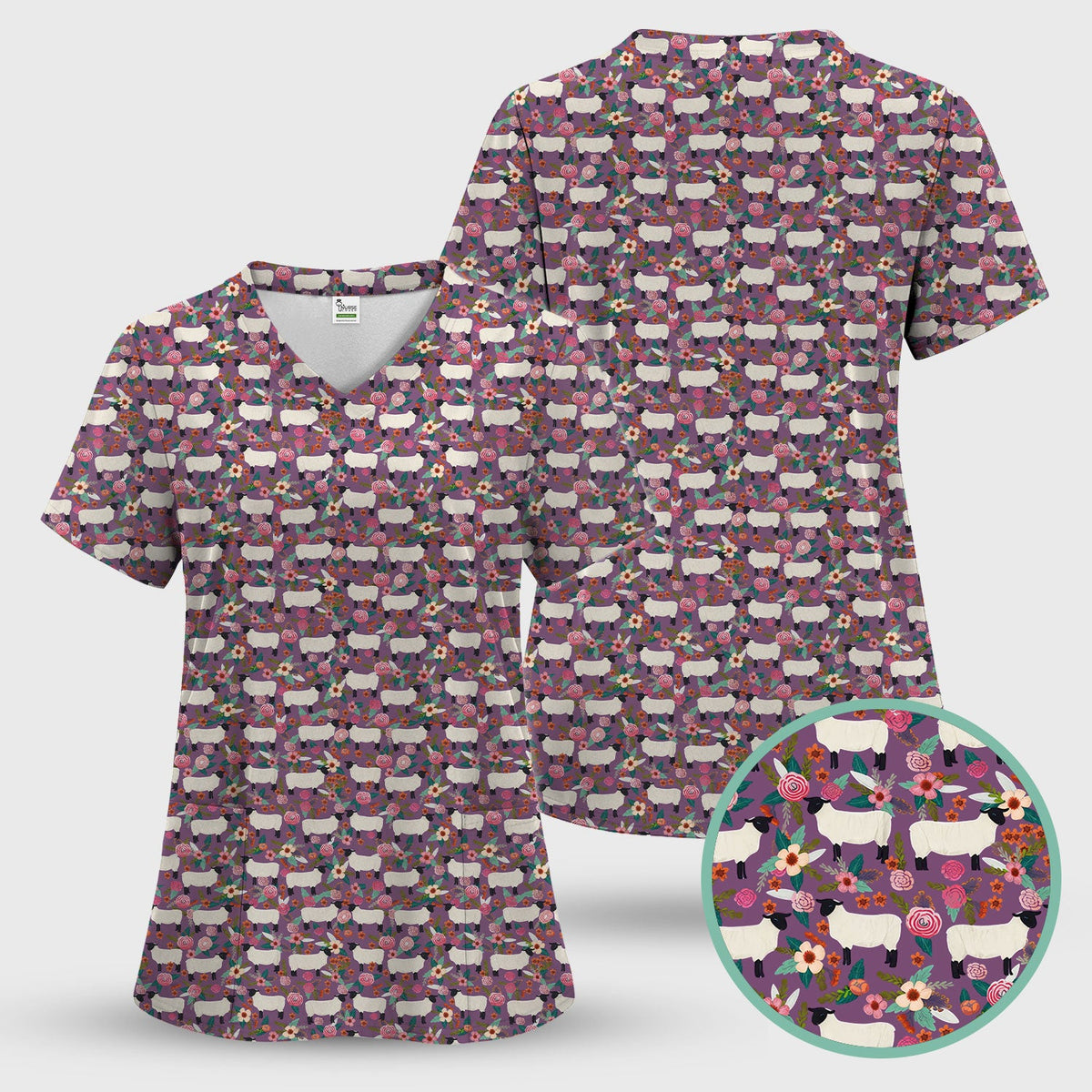Sheep Floral Meadow Nurse Scrub Top