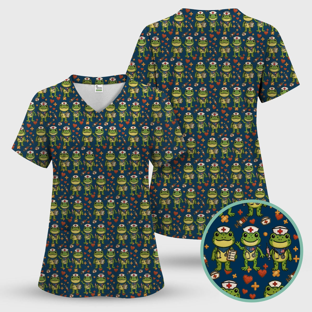Frog Pattern Scrub Top, Cute Frog Scrub Shirt, Breathable Fabrics Nursing Uniform