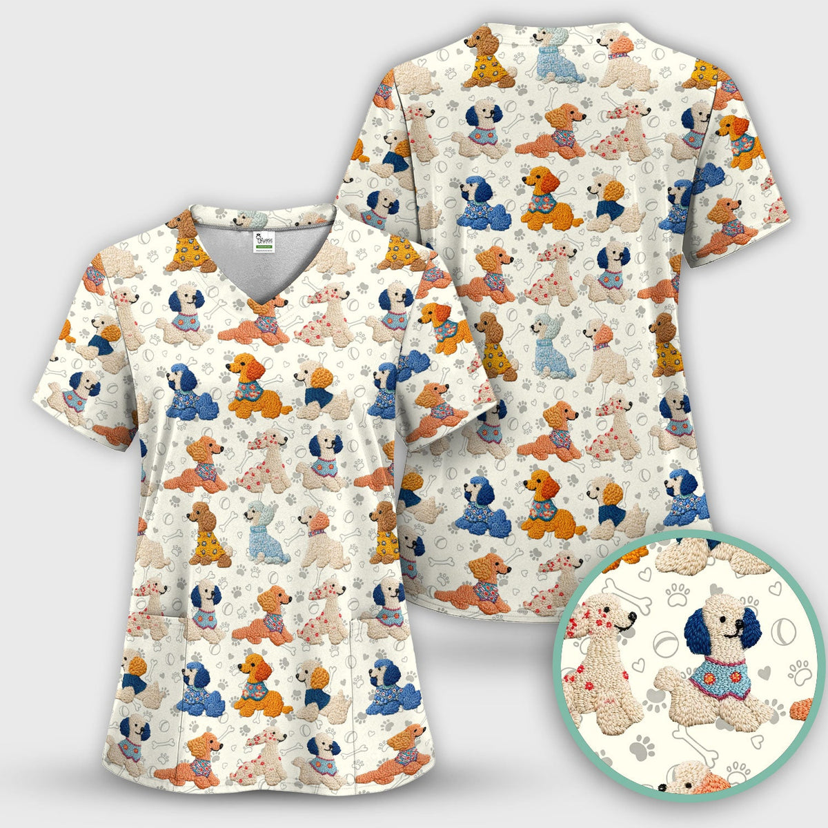 Cute Colorful Poodle Pattern Scrub Set, Scrub Pants and V Neck Top
