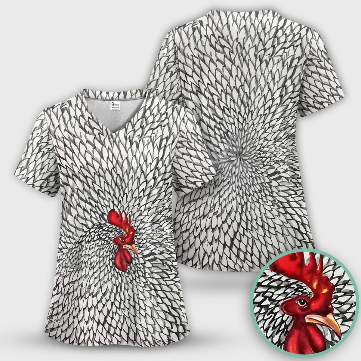 Watercolor Rooster Feather Nurse Scrub Top