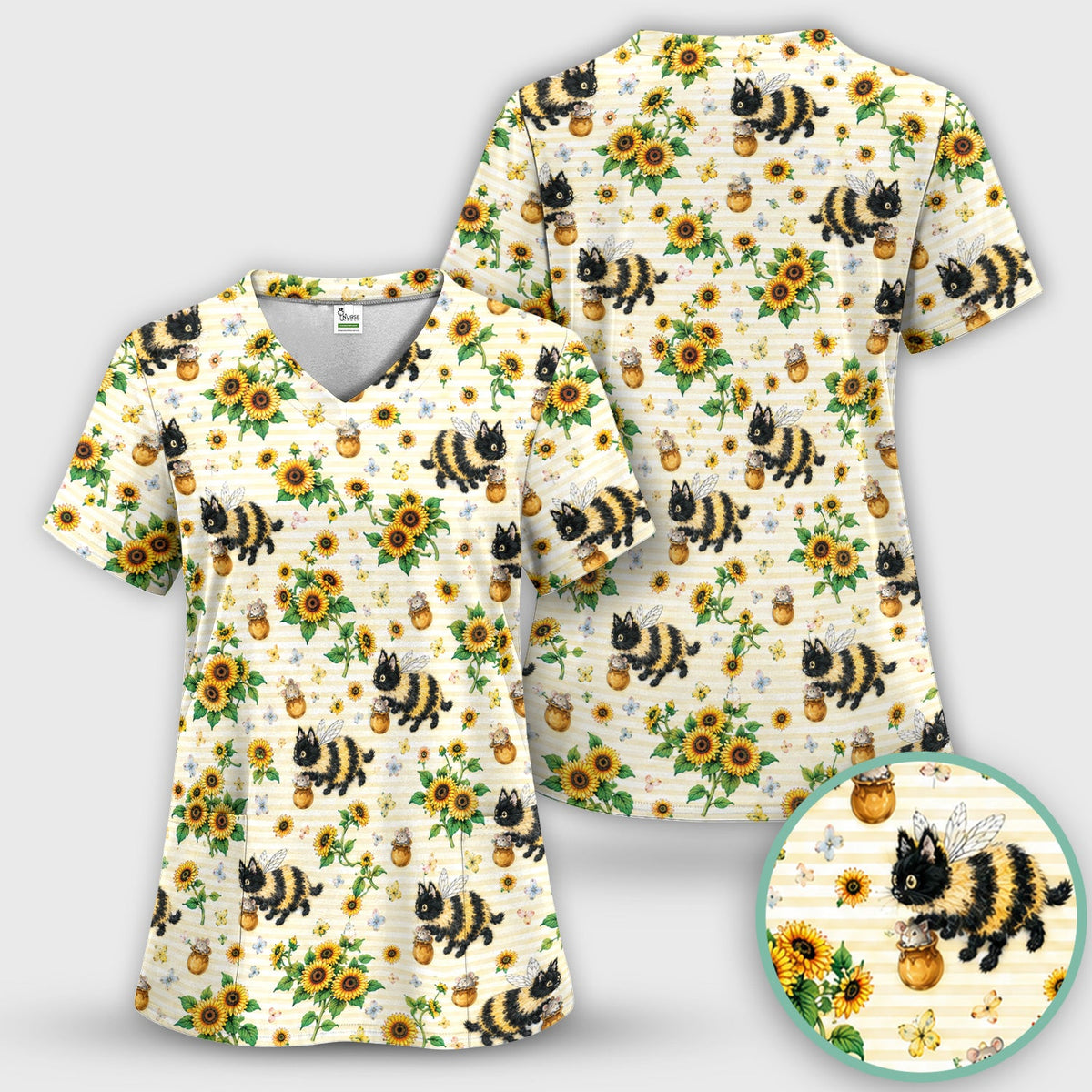 Bumblebee Cat Sunflower Nurse Scrub Top