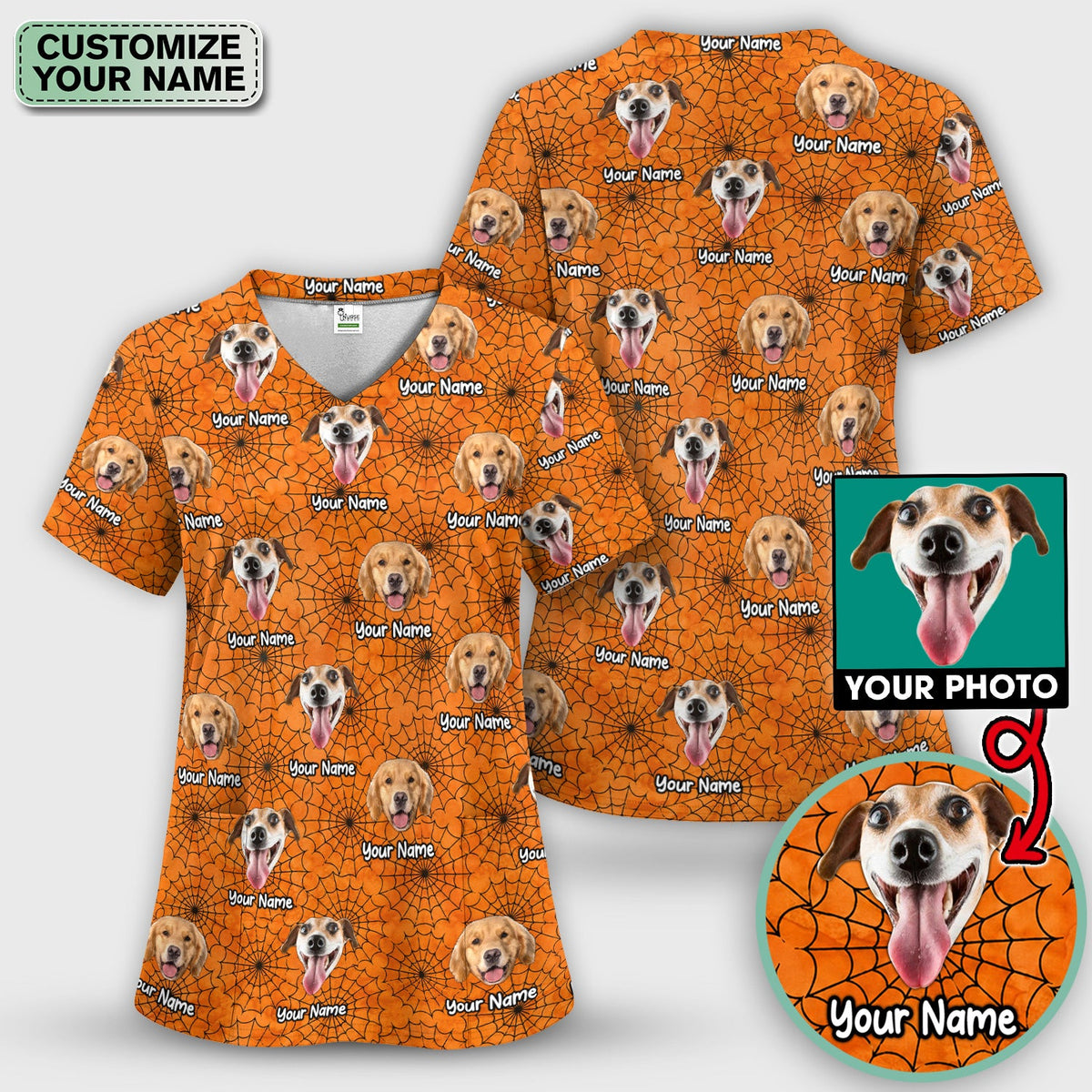 Personalized Halloween Dog Photo Spiderweb Scrub Top