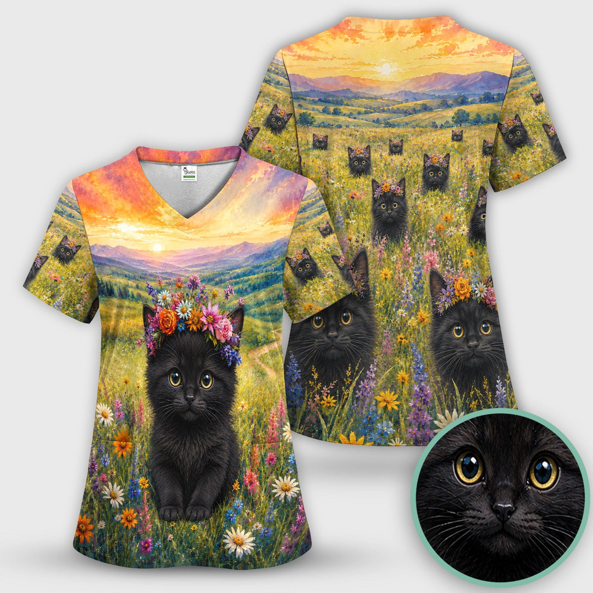 Black Kitten Flower Meadow Nurse Scrub Set