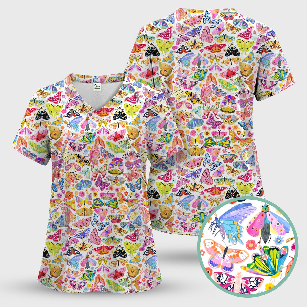 Cute Bright Butterfly Moth Floral Nurse Scrub Top
