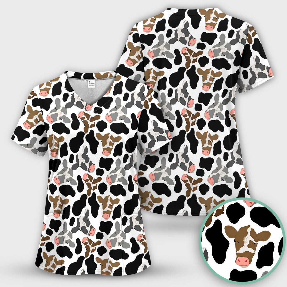 Cow Face Black White Nurse Scrub Top