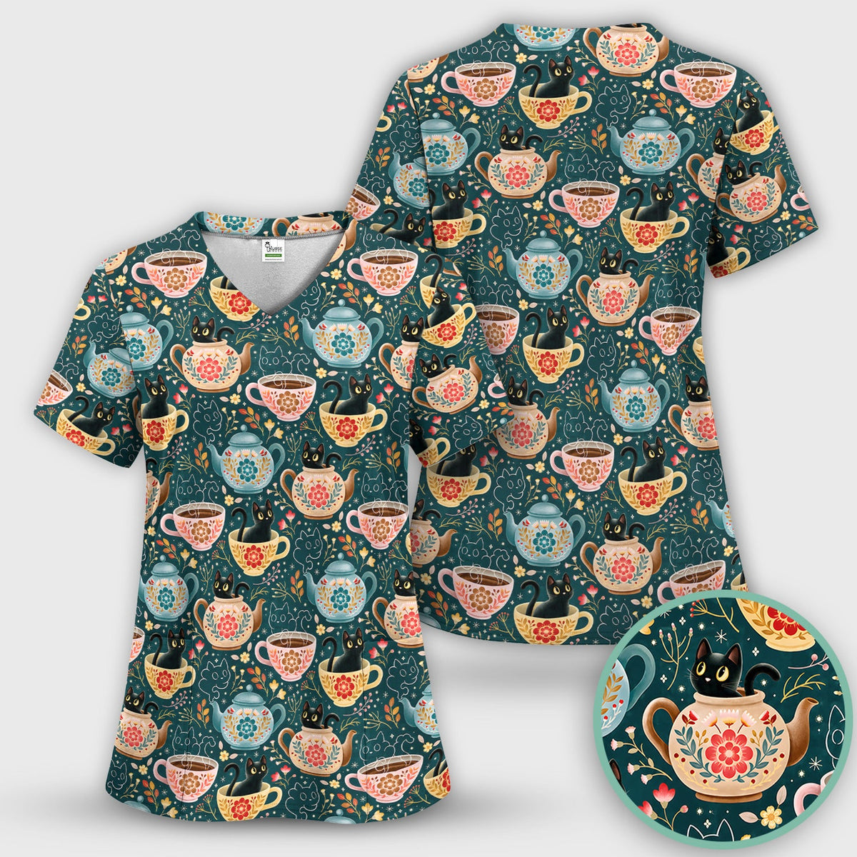Black Cat Tea Party Veterinary Nurse Scrub Top
