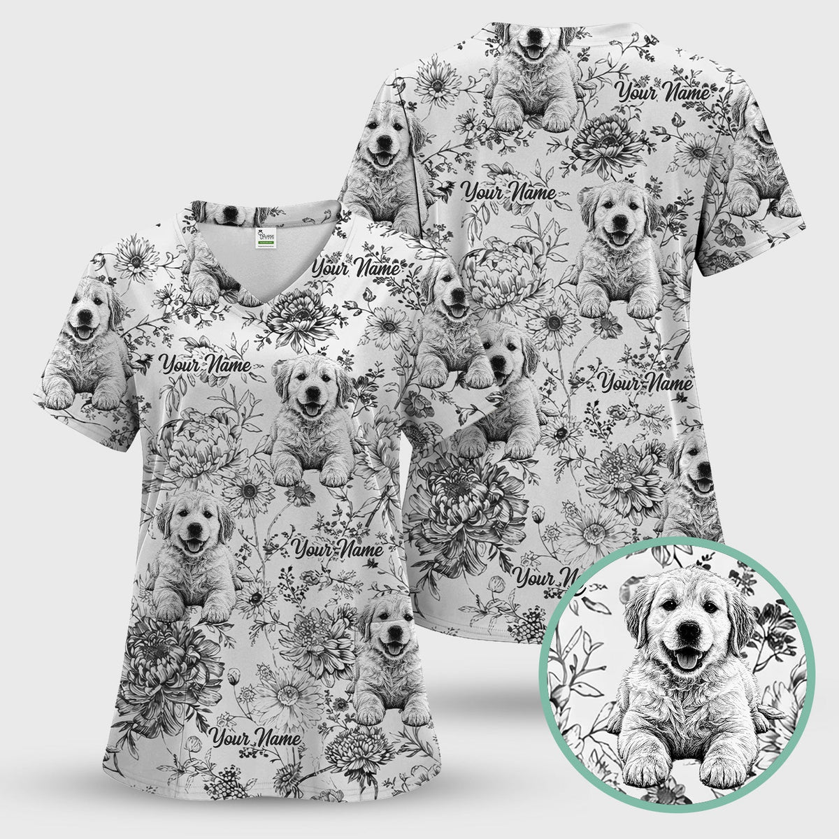 Personalized Pet Photo Floral Nurse Scrub Top