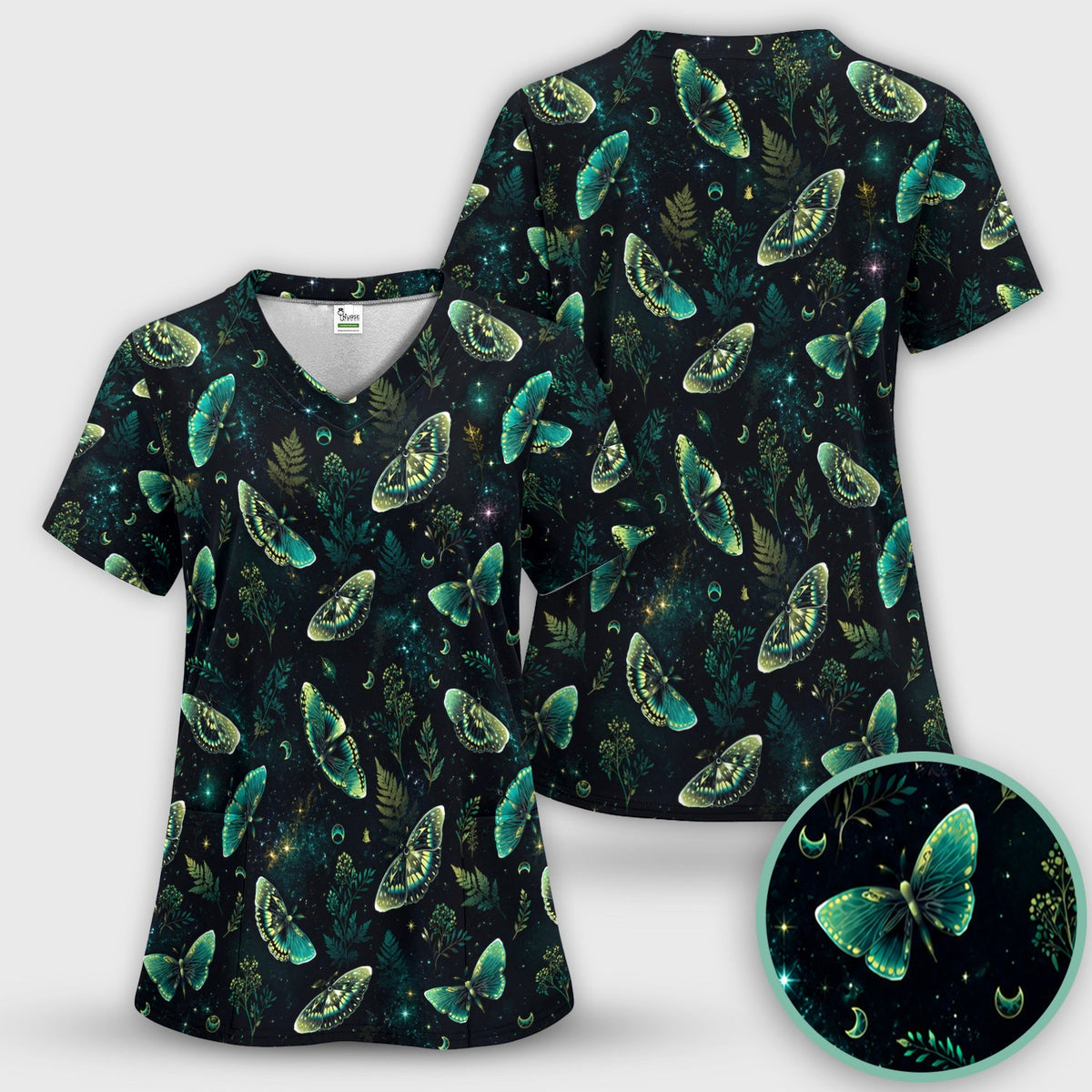 Mystical Moonlight Butterfly Garden Nurse Scrub Top II