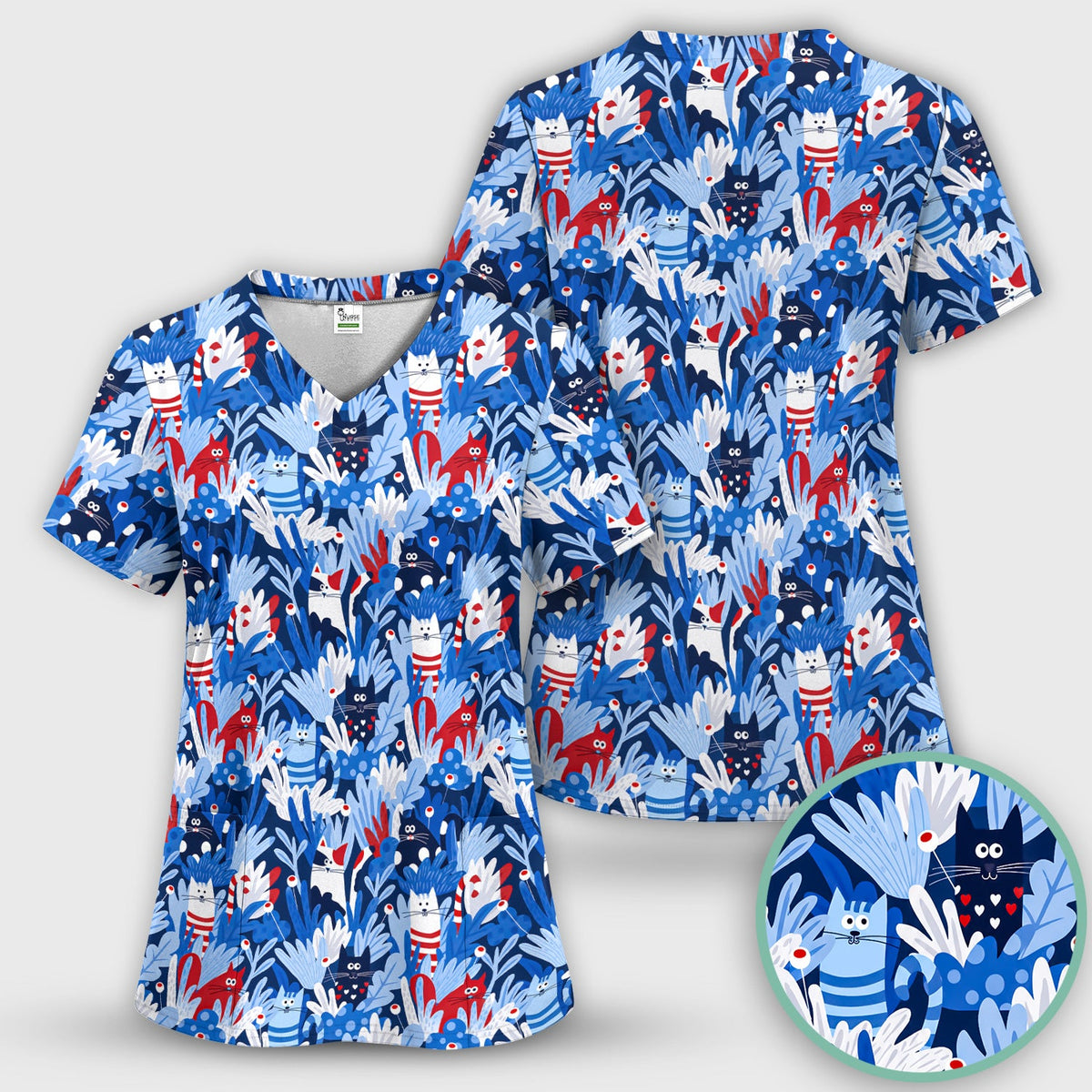 Cats Among Blue Foliage Nurse Scrub Set