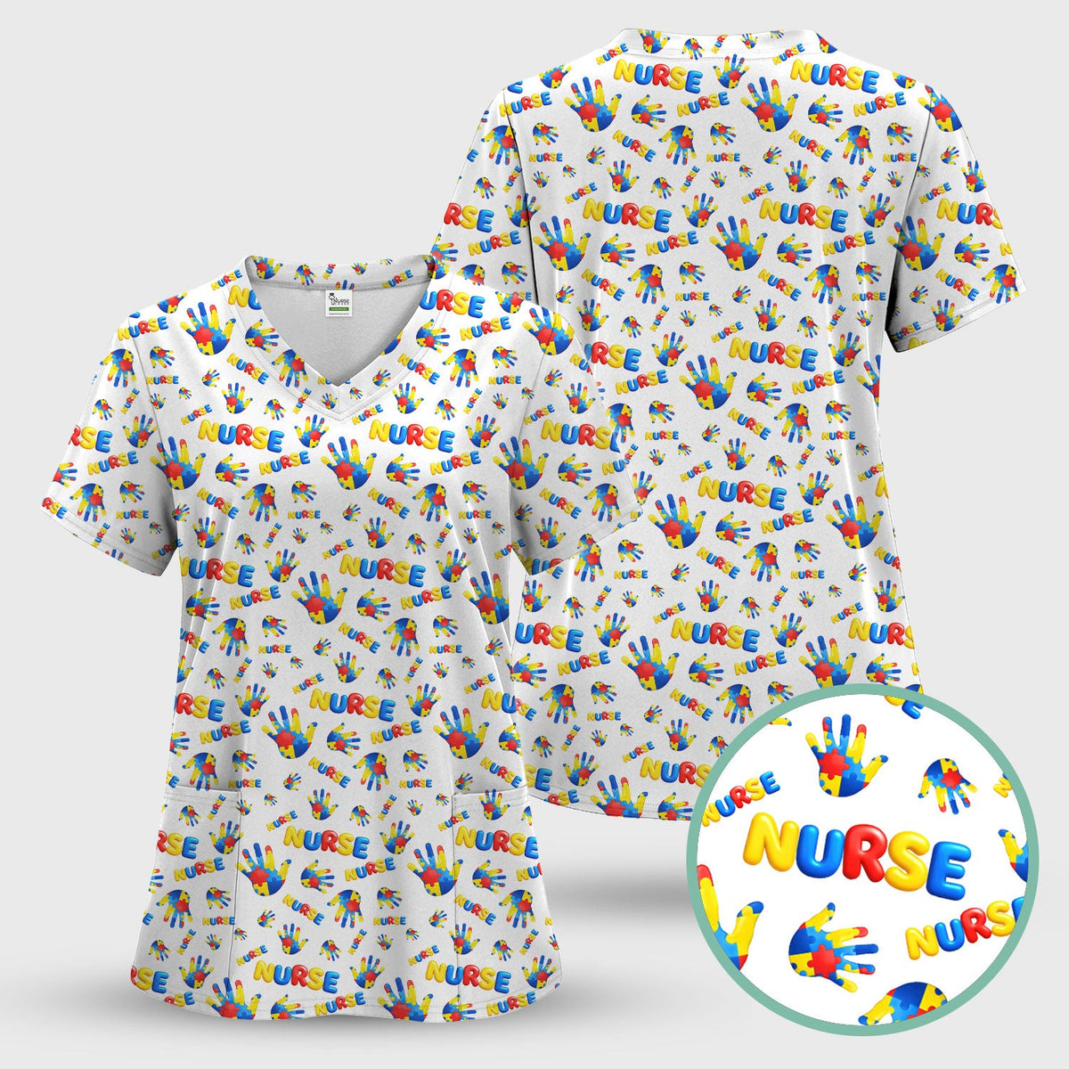 Colorful Autism Handprint Nurse Scrub Set