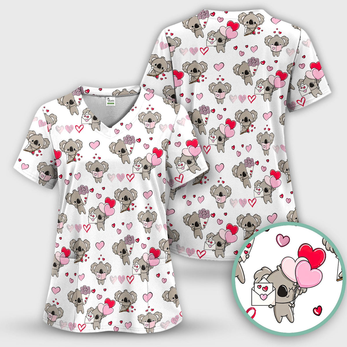 Valentine Koala Holding Flowers Nurse Scrub Set