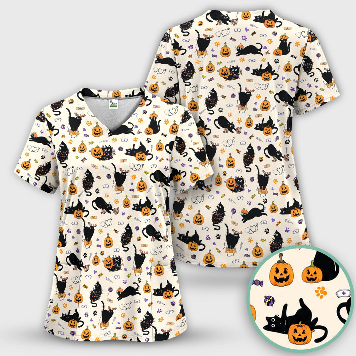 Pumpkin Black Cat Nurse Scrub Set