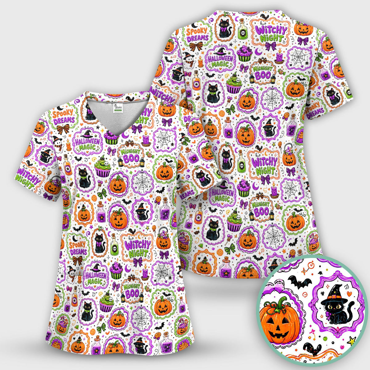 Halloween Black Cats Pumpkins Nurse Scrub Top