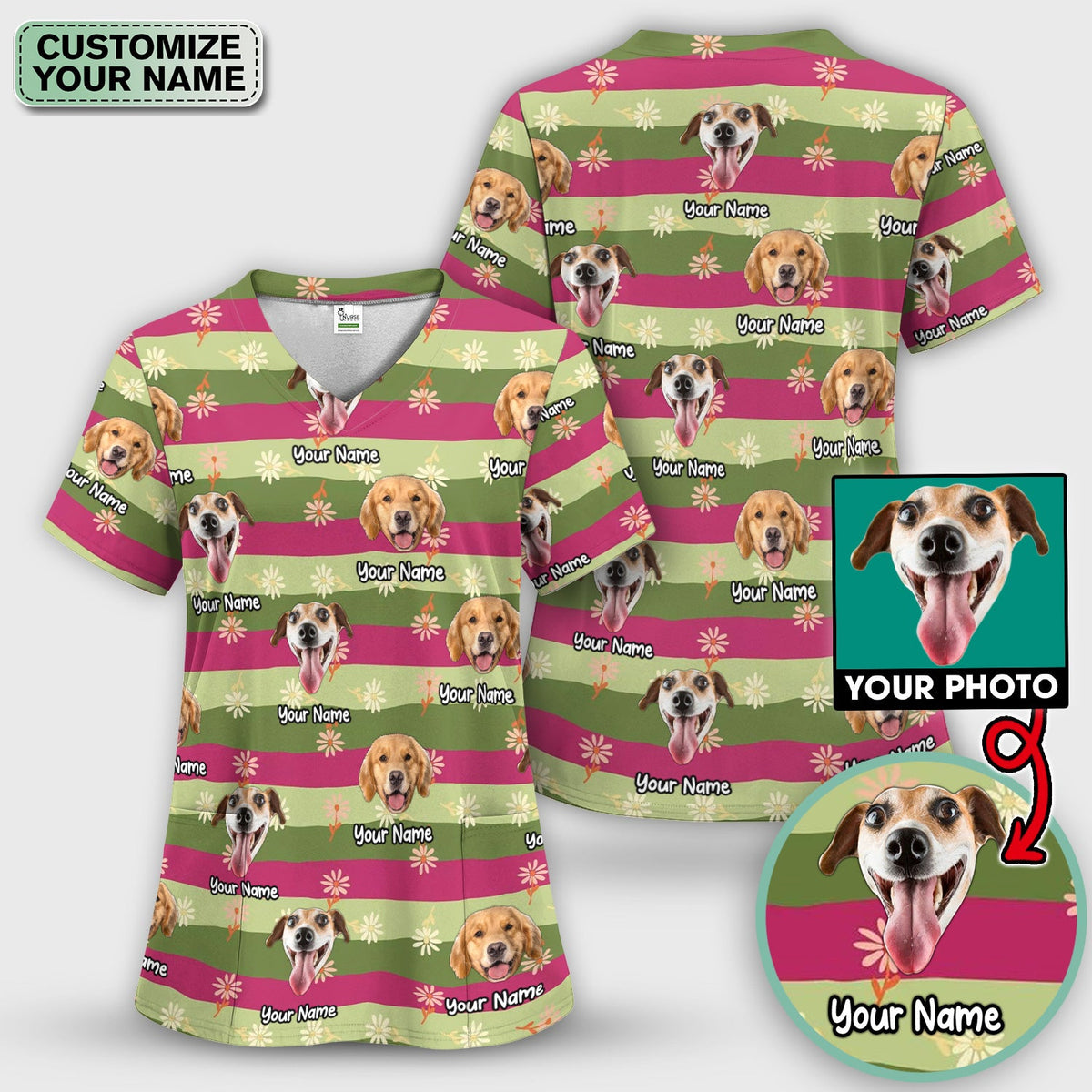 Personalized Dog Photo Spring Stripes Nurse Scrub Top