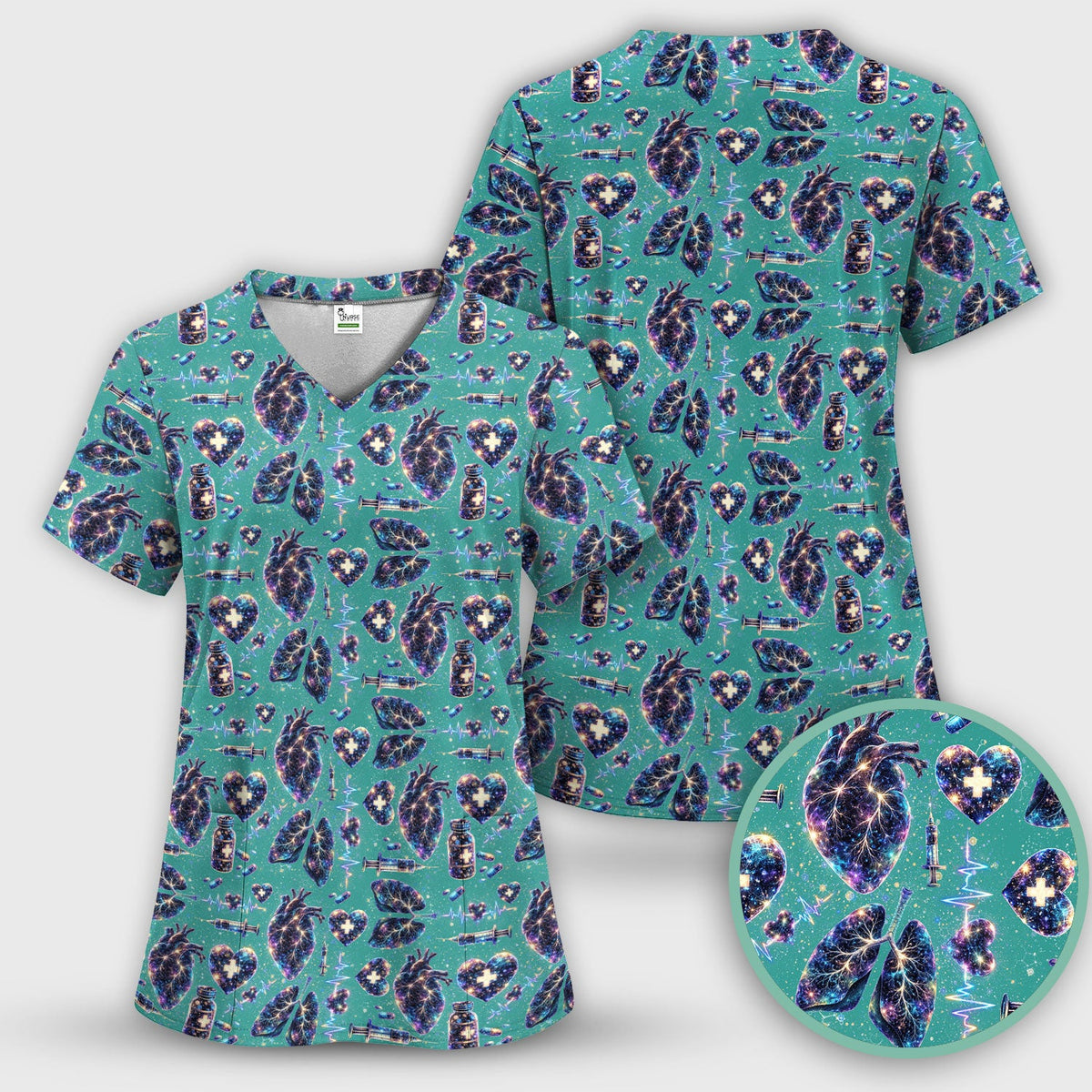 Galaxy Anatomical Heart Lung Syringe Nurse Scrub Set