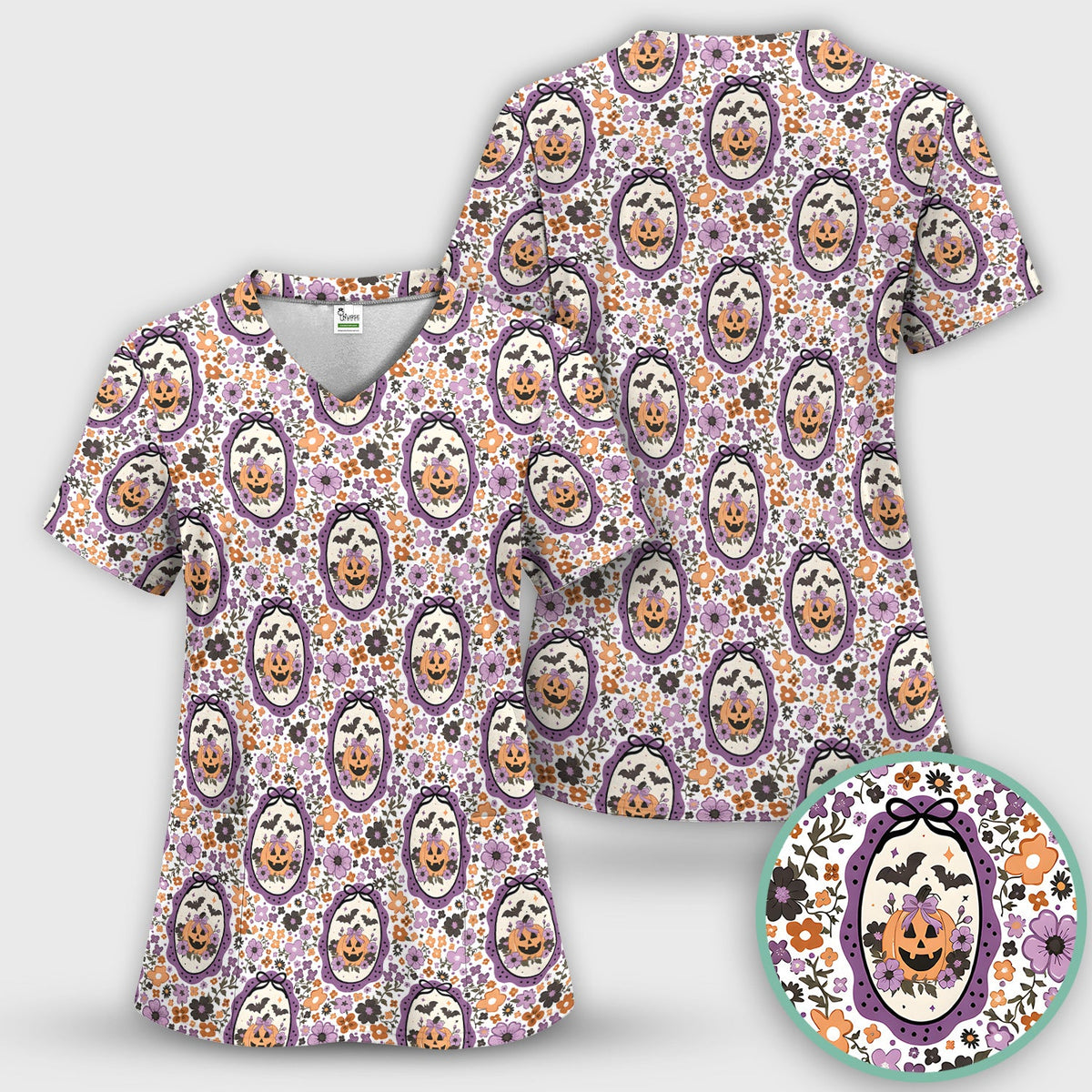 Pumpkin Floral Nurse Scrub Top - Halloween Gift