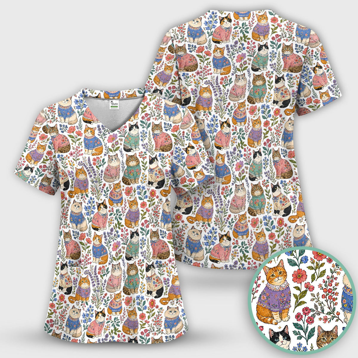 Floral Cat Nurse Scrub Set