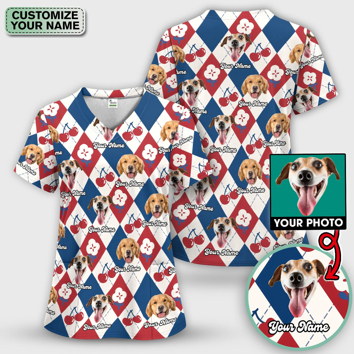 Dog Face Cherry Argyle Nurse Scrub Top