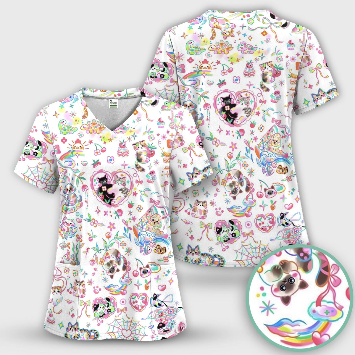 Kawaii Animal Rainbow Heart Nurse Scrub Top