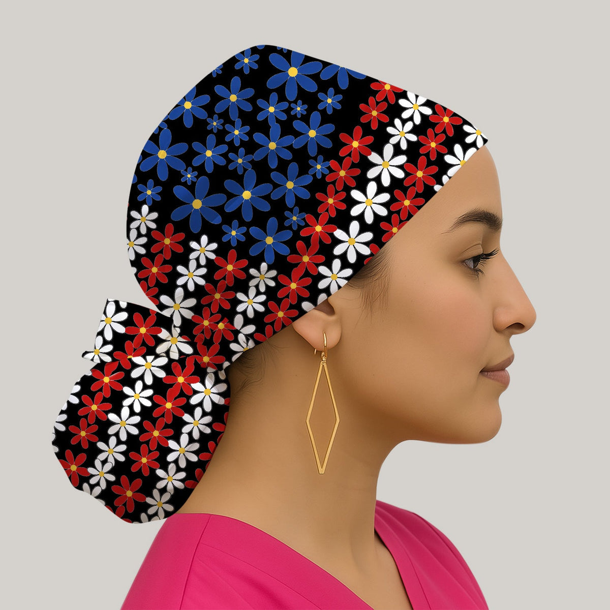 Retro Red Blue Daisy Scrub Cap