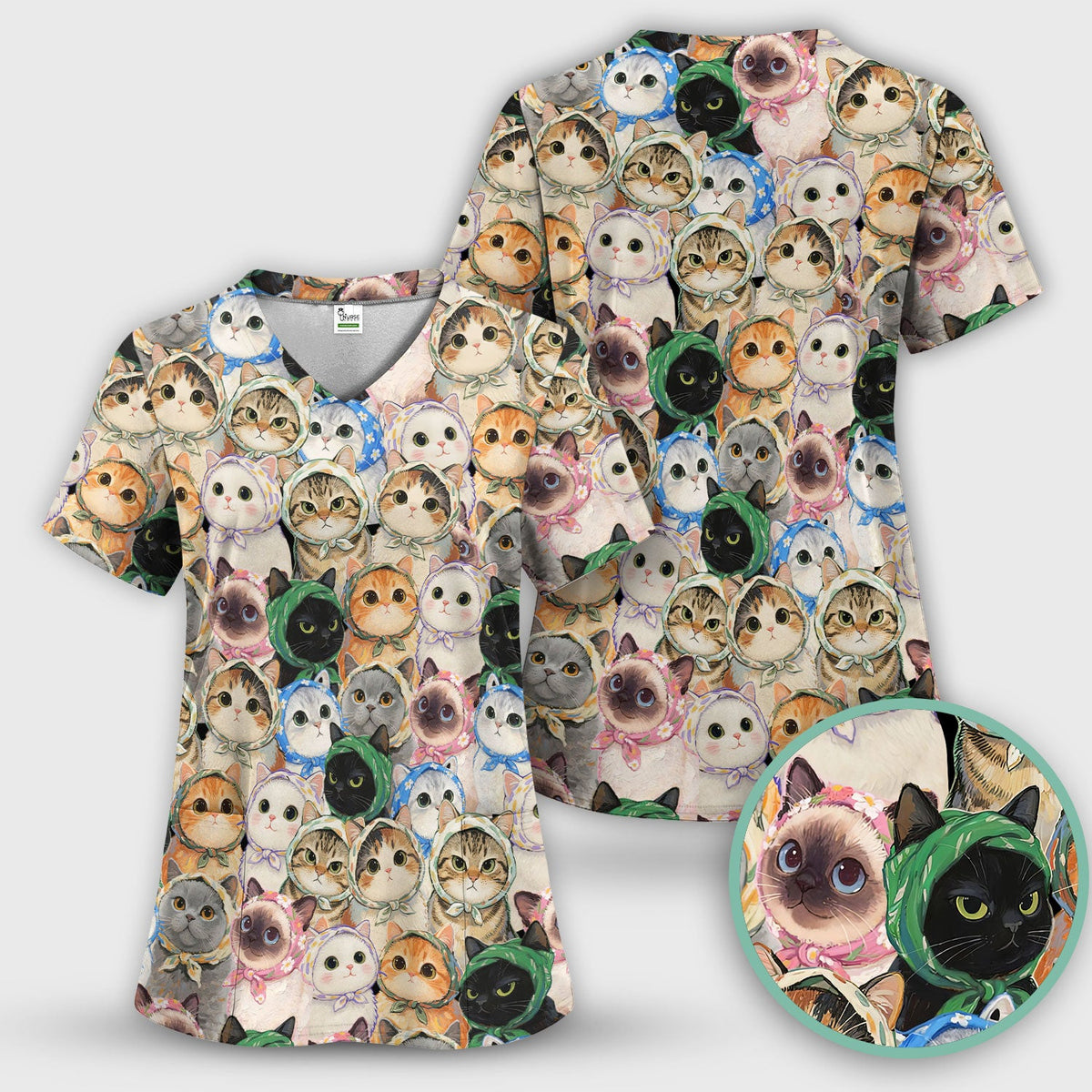 Adorable Multi Cat Portrait Nurse Scrub Top