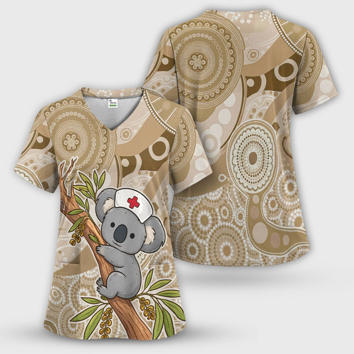 Australian Indigenous Inspired Dot Art Scrub Set, Cute Koala Pattern Nurse Shirt, Comfortable Scrubs For Nursing