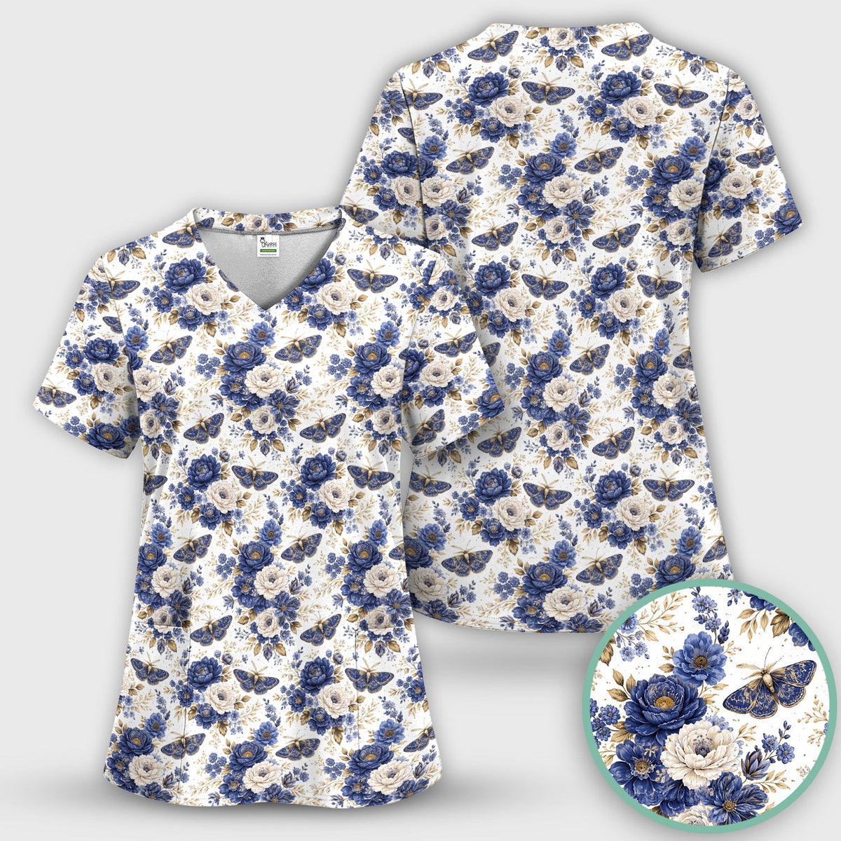 Cute Blue Floral Moth Nurse Scrub Set