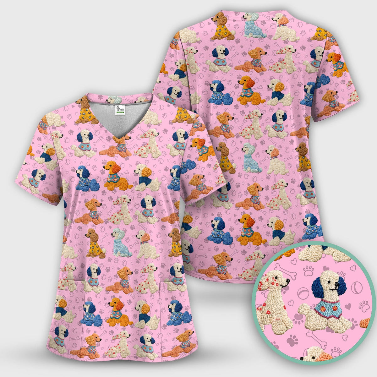 Cute Colorful Poodle Pattern Scrub Set, Scrub Pants and V Neck Top