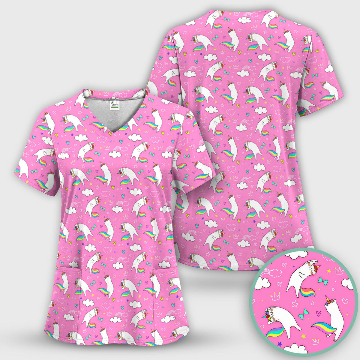 Unicorn Cat Rainbow Tail Clouds Nurse Scrub Set
