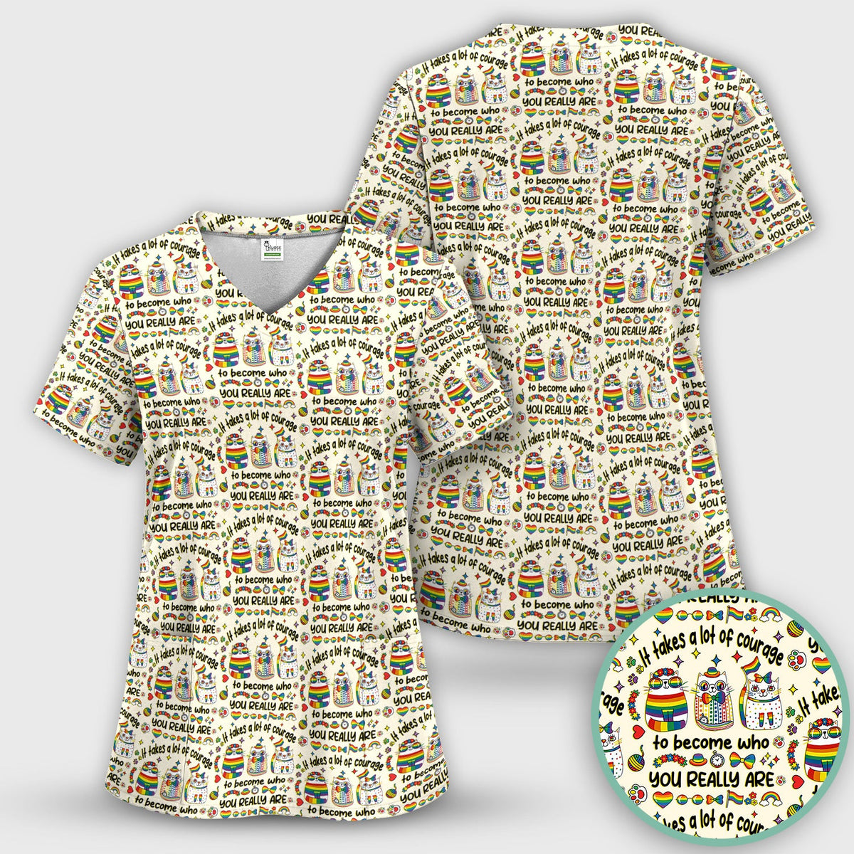 Nurse Rainbow Cat Courage Scrub Top
