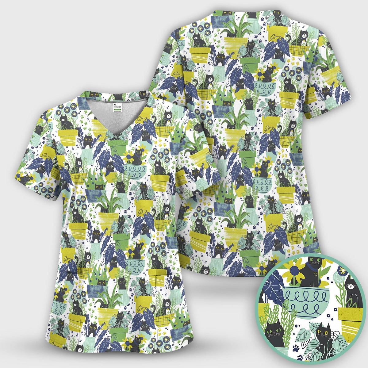 Black Cat Planter Garden Nurse Scrub Top