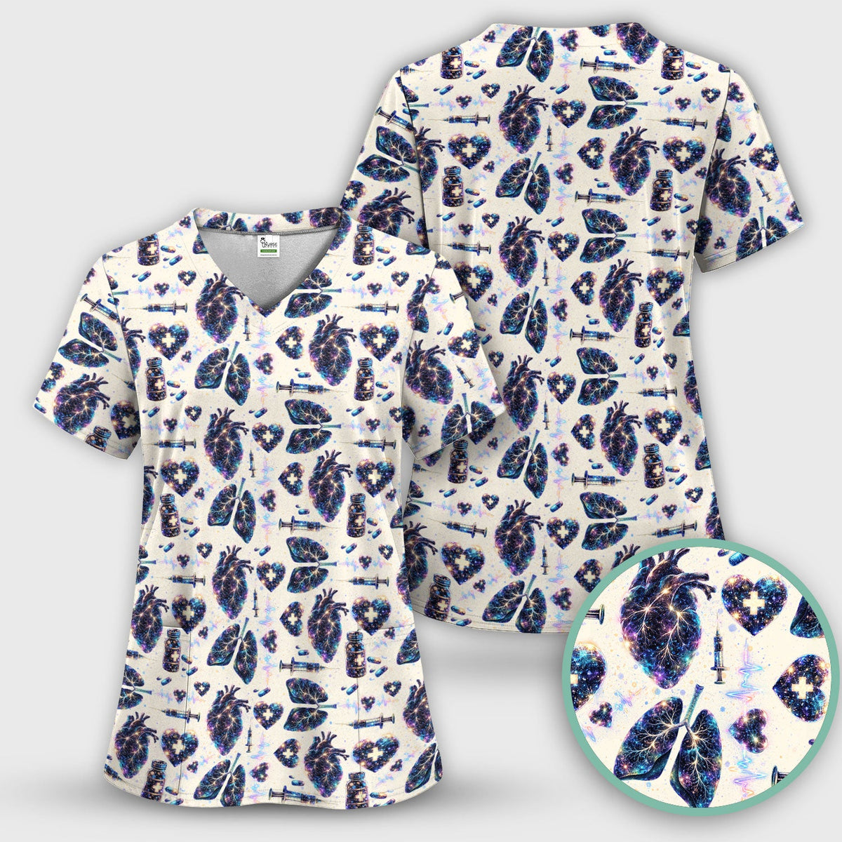 Galaxy Anatomical Heart Lung Syringe Nurse Scrub Set