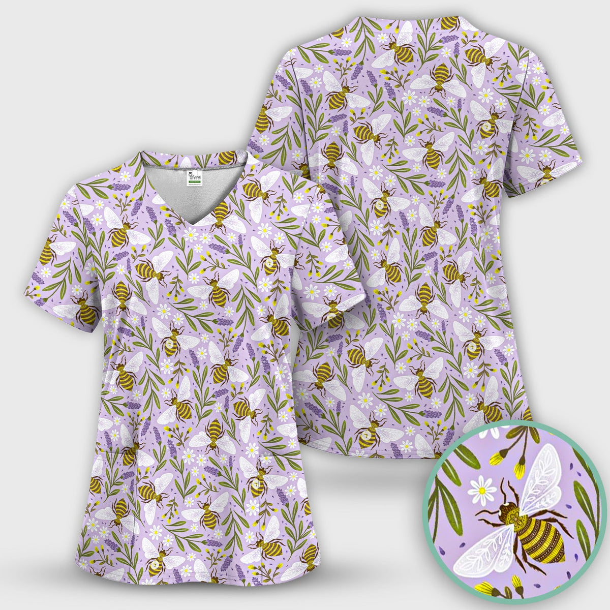 Lavender Bee Floral Nurse Scrub Set