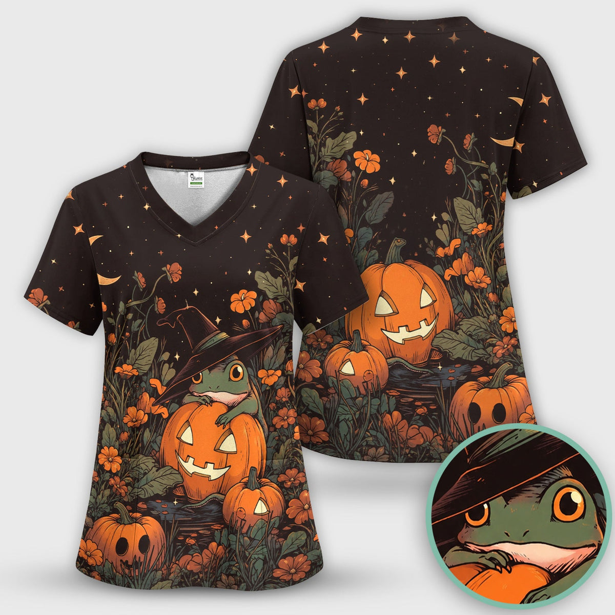 Pumpkin and Frog Nurse Scrub Top - Halloween Gift