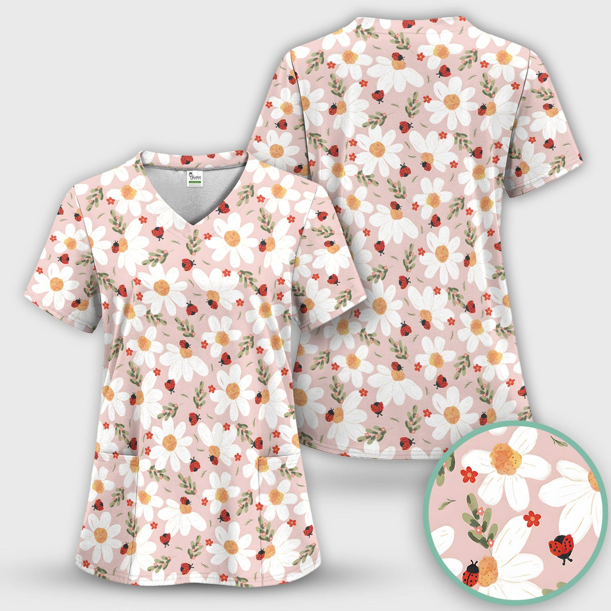 Daisy Ladybug Garden Blossom Pattern Scrub Top, Comfortable Scrubs for Nurses