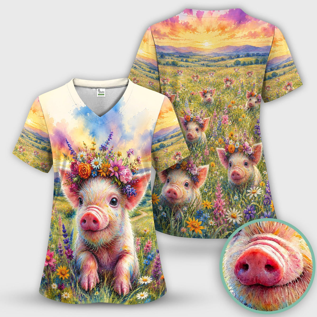 Floral Piglet Nurse Scrub Top