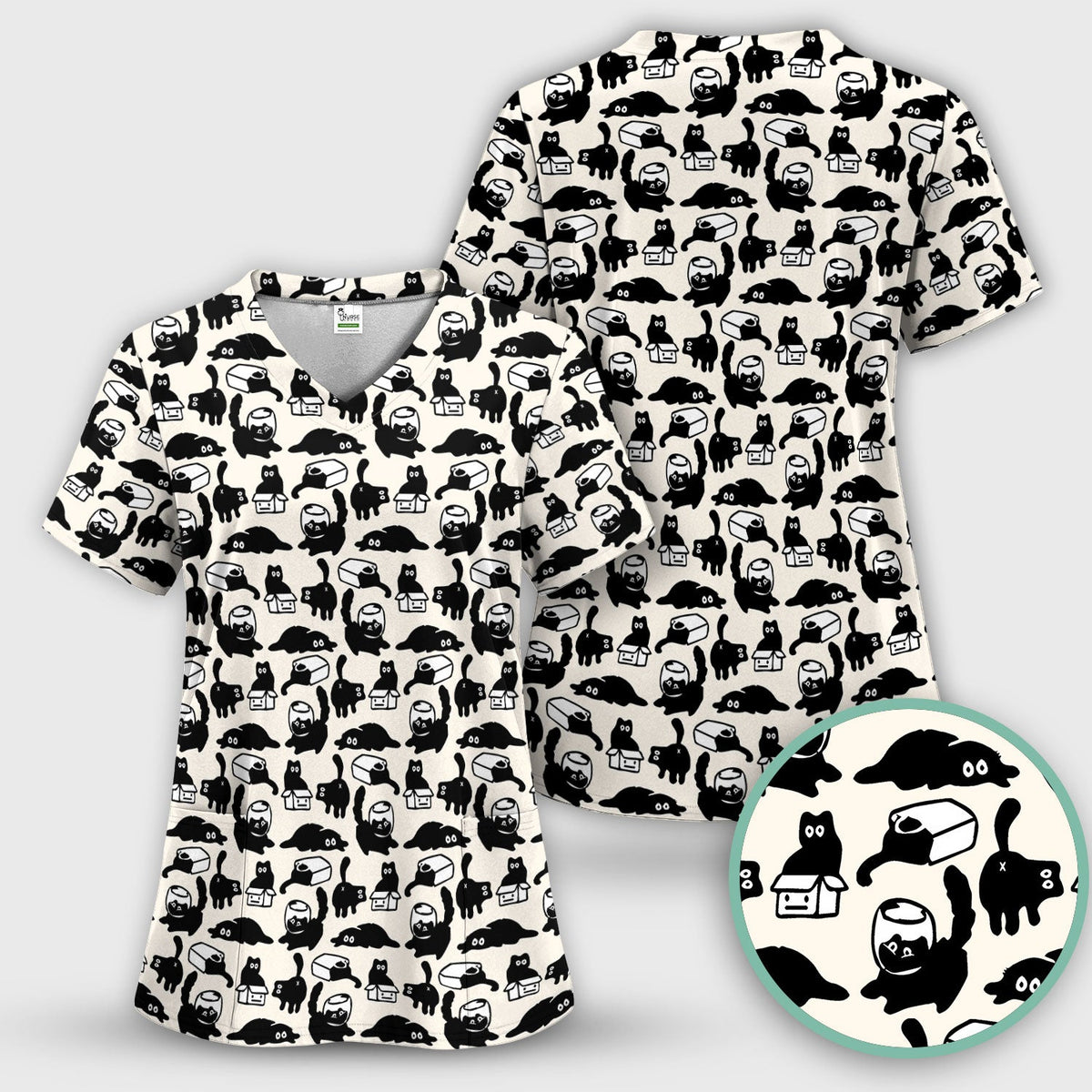 Dark Playful Cat Cartoon Pattern Scrub Set, Breathable Med Uniform