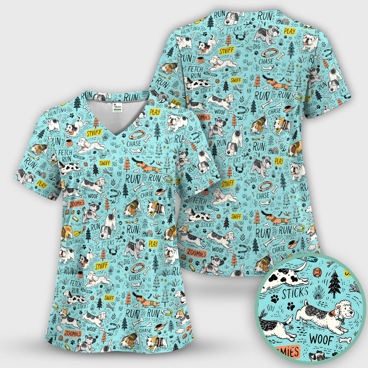 Cartoon Puppy Adventure Nurse Scrub Top