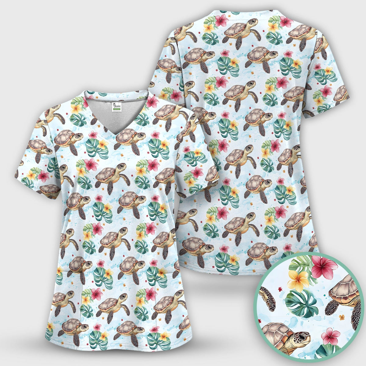 Sea Turtle Tropical Floral Nurse Scrub Top