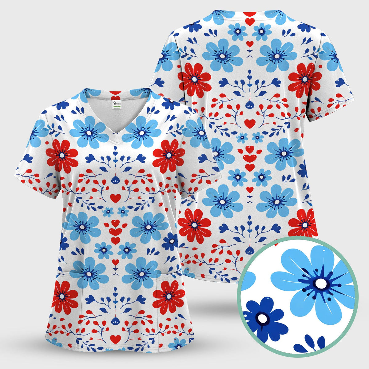 Symmetrical Folk Floral Heart Nurse Scrub Set