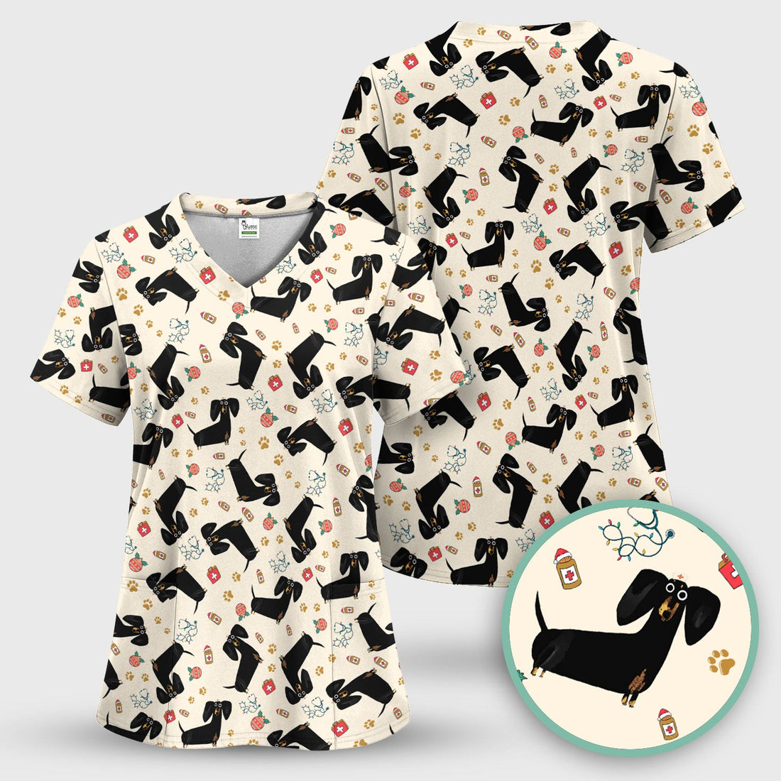 Black Dachshund Nurse Scrub Top - Gift For Dog Lover