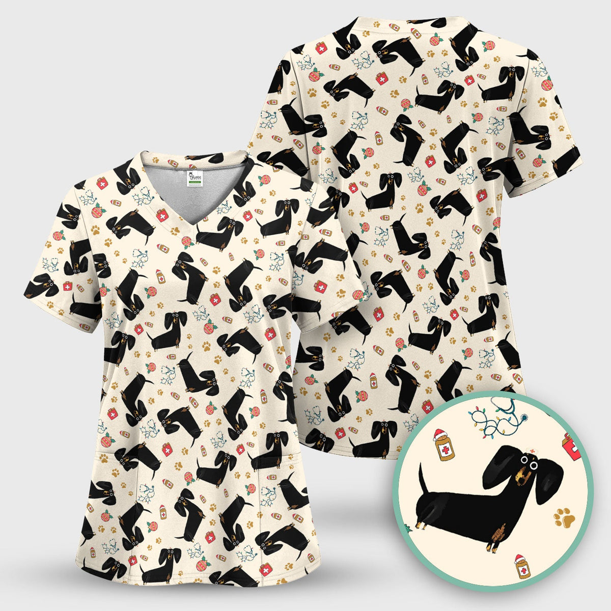 Black Dachshund Nurse Scrub Top - Gift For Dog Lover
