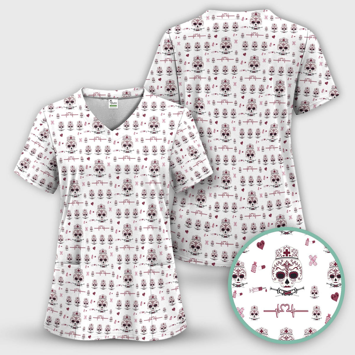 Sugar Skull Scrub Top, Skull Pattern Scrub Shirt, Breathable Fabrics Nursing Uniform