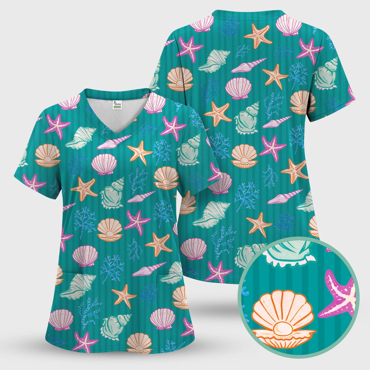Colorful Seashell Starfish Ocean Stripe Nurse Scrub Top