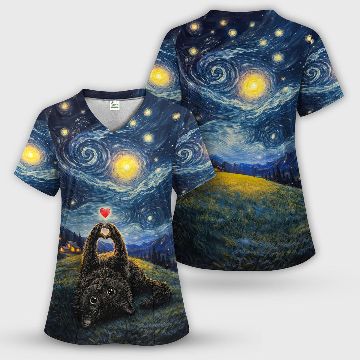 Starry Night Black Cat Heart Art Scrub Set, Breathable Med Uniform