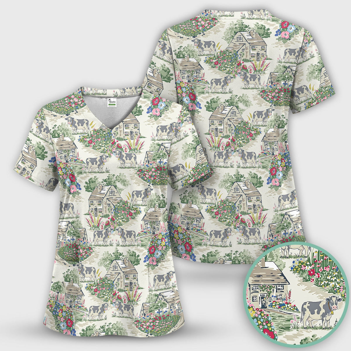 Countryside Cows Cottage Garden Nurse Scrub Set