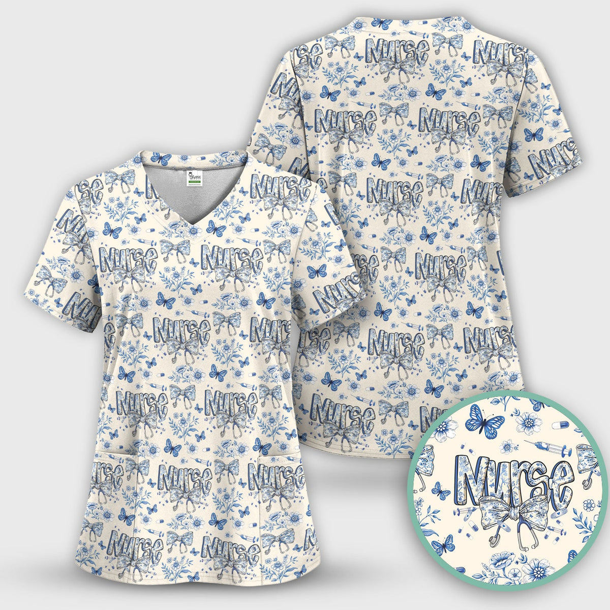 Blue Nurse Bow Butterfly Floral Scrub Set