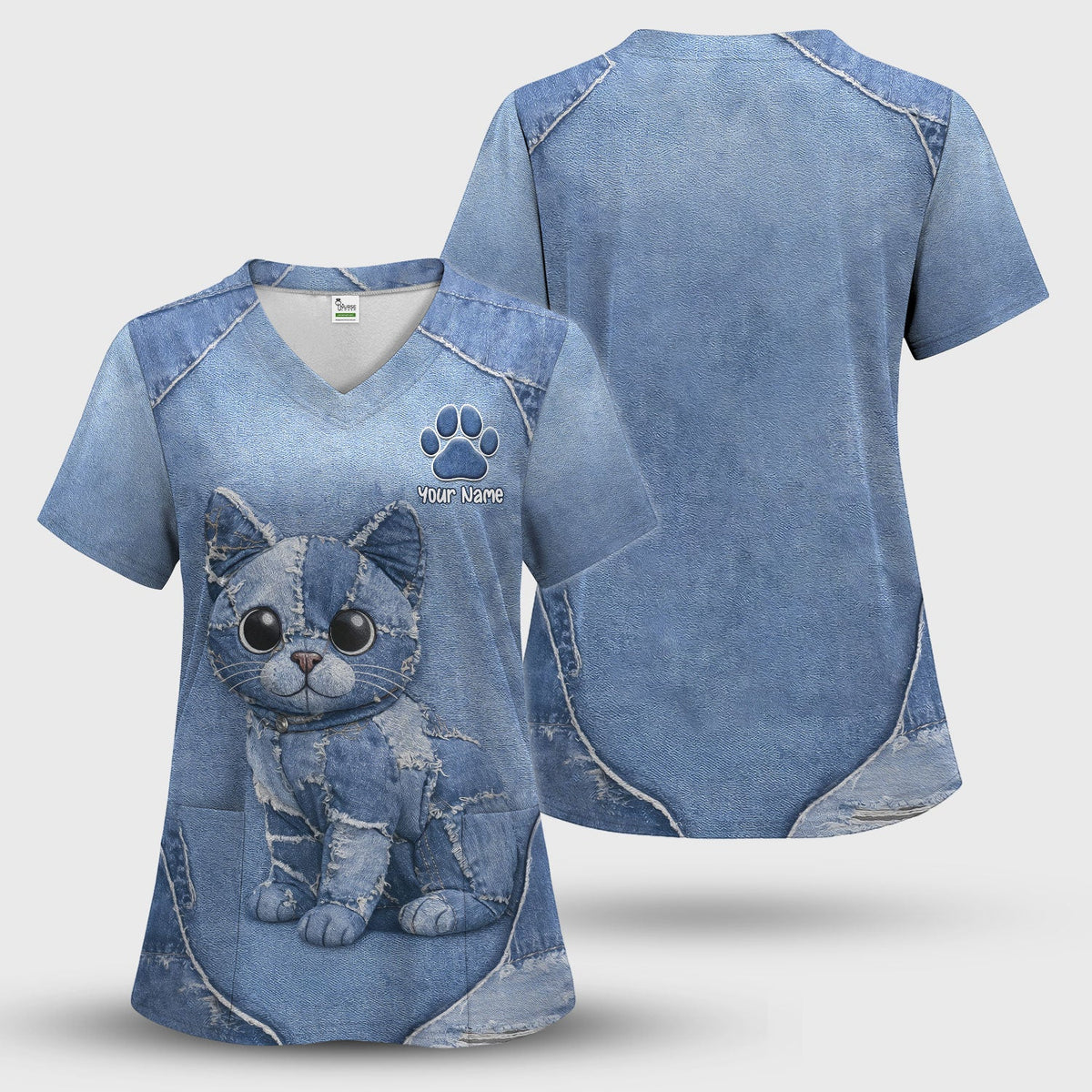 Personalized Patchwork Denim Cat Nurse Scrub Set