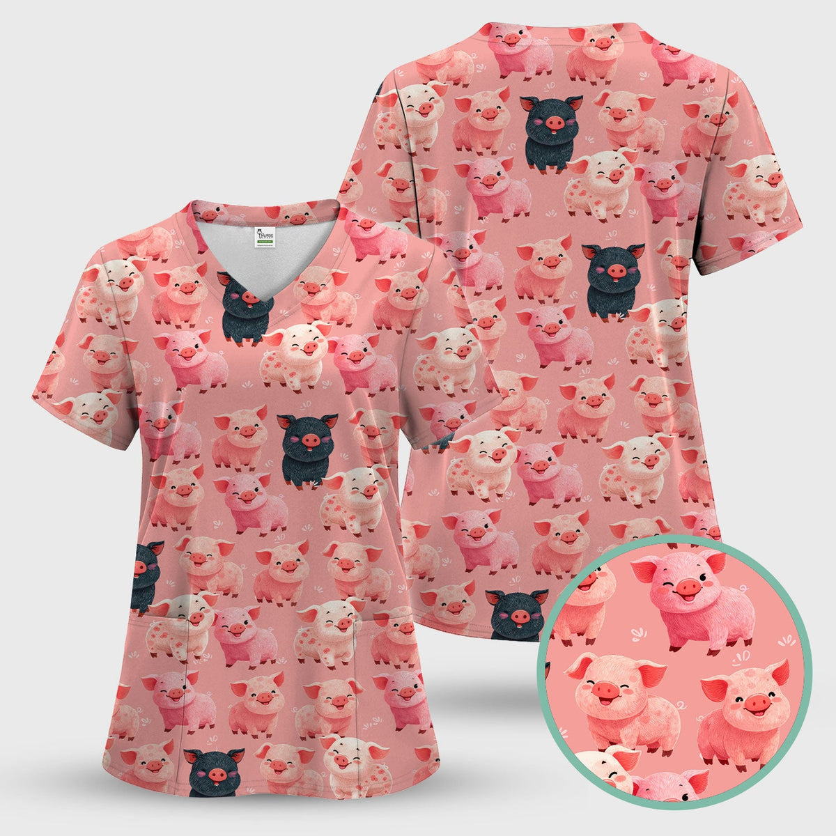 Funny Farm Pig Cartoon Pattern Scrub Top, Comfortable Scrubs for Nurses